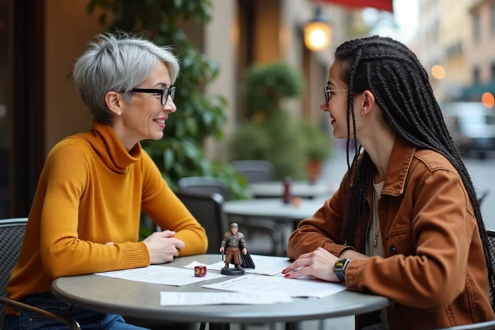 Deux femmes jouant à un jeu de rôle en terrasse de café avec des dés et des figurines de fantasy