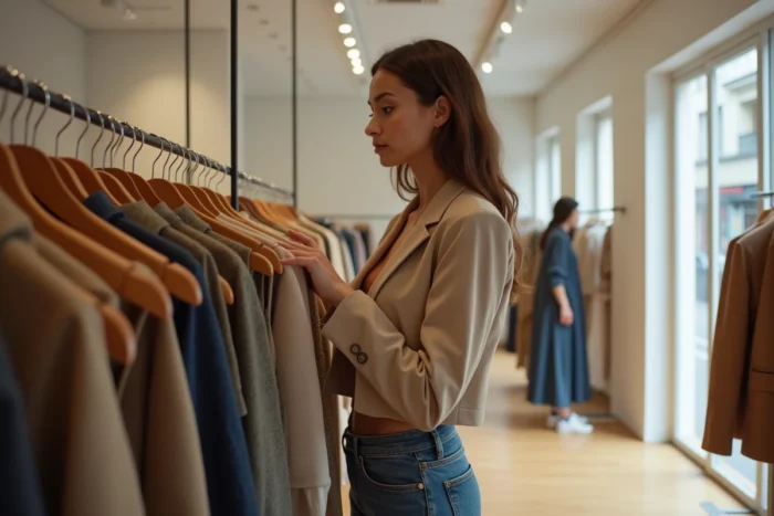 Jeune femme élégante qui fait du shopping dans une boutique de vêtements inspirée des séries télévisées françaises comme Demain nous appartient