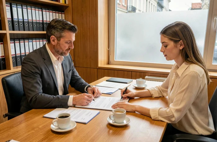 Agent immobilier et cliente signant un contrat immobilier dans un bureau de notaire belge contemporain