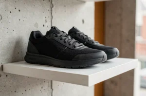 Paire de sneakers premium posée sur une étagère minimaliste blanche, vue rapprochée mettant en valeur les détails de la semelle et de la tige