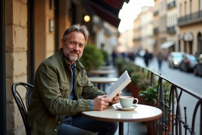 Homme détendu lisant un programme d'événements en terrasse de café dans un quartier urbain animé