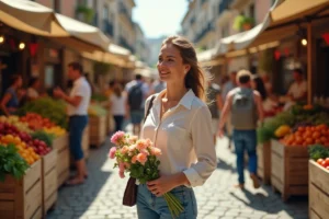 Femme souriante explorant un marché de rue coloré lors d'une sortie en plein air le week-end