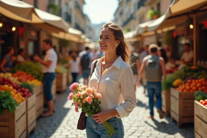 Femme souriante explorant un marché de rue coloré lors d'une sortie en plein air le week-end