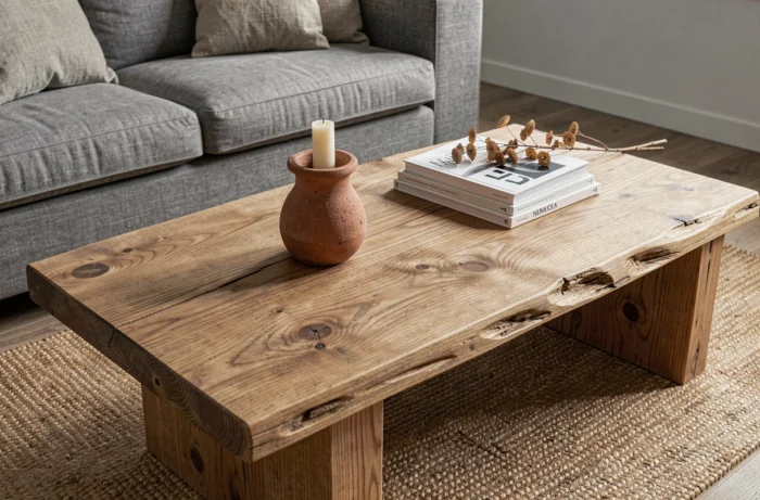 Table basse en bois brut non verni avec grain naturel et nœuds apparents dans un salon minimaliste