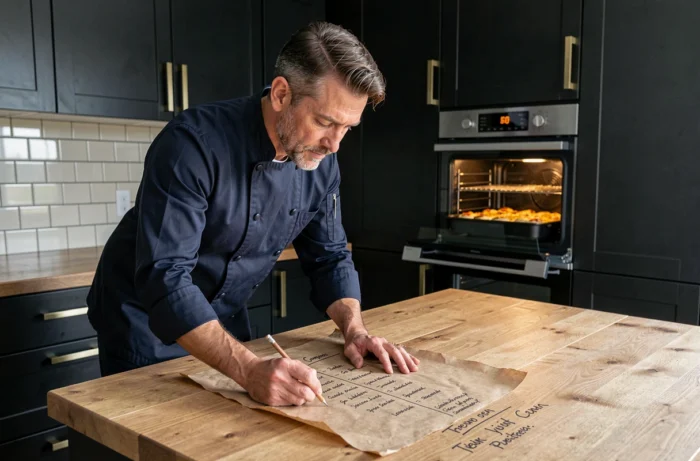 Homme consultant une table de correspondance thermostat four en degrés dans une cuisine contemporaine
