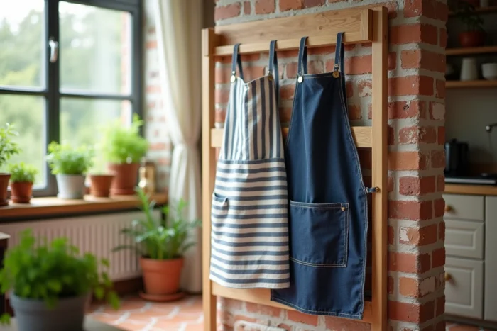 Tabliers en coton et denim accrochés sur un séchoir en bois dans une cuisine avec mur en briques