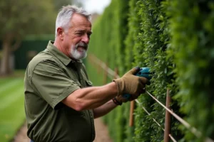 Jardinier en train de tailler une haie de buis bien droite avec un guide en ficelle dans un jardin résidentiel