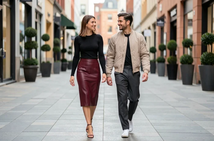 Deux amies marchant en ville avec des tenues tendance contrastées, jupe midi bordeaux et bomber structuré ecru, mode urbaine saison