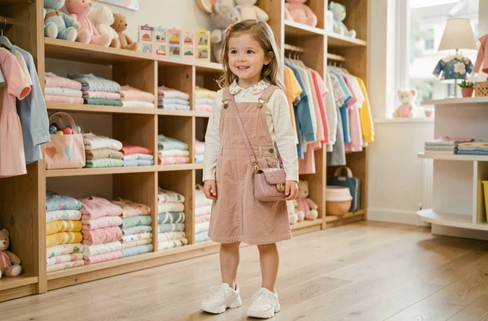 Jeune fille en robe salopette en velours côtelé pastel avec sac à bandoulière matelassé rose dans une boutique enfant tendance 2024