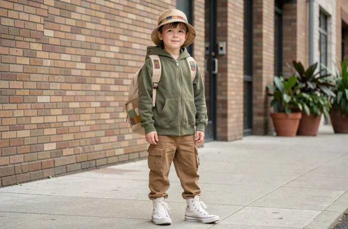 Garçon en ensemble cargo jogger vert olive avec sac à dos patchwork et chapeau bucket woven en milieu urbain tendance enfant 2024