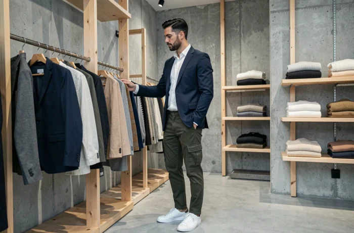Homme stylé en blazer marine explorant les nouvelles collections dans un concept store minimaliste, mode masculine tendance