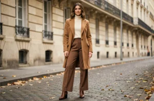Femme élégante en manteau camel et pantalon large dans une rue pavée parisienne en automne, tendances mode saison