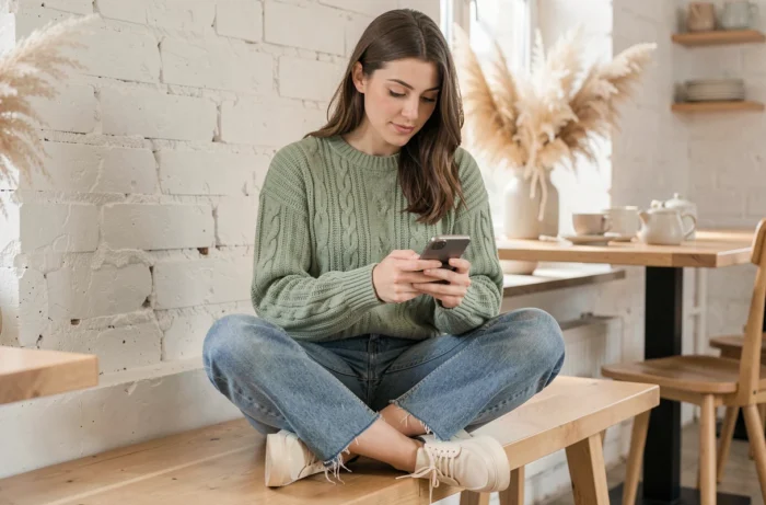 Jeune femme tendance en pull oversize vert sauge et jean droit dans un café scandinave lumineux, look mode décontracté