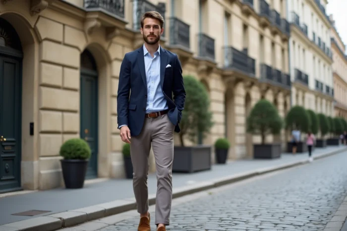 Homme élégant en tenue de saison portant un blazer marine et un chino taupe dans une rue pavée parisienne