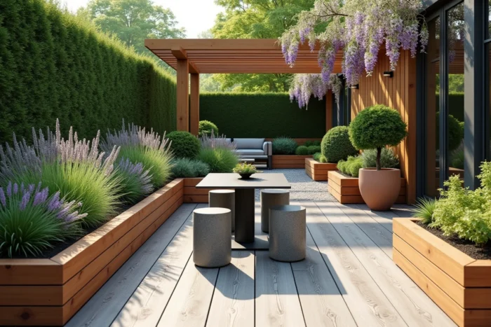 Terrasse de jardin contemporaine avec jardinières en bois, plantes ornementales, mobilier en acier noir et pergola en bois couverte de glycine