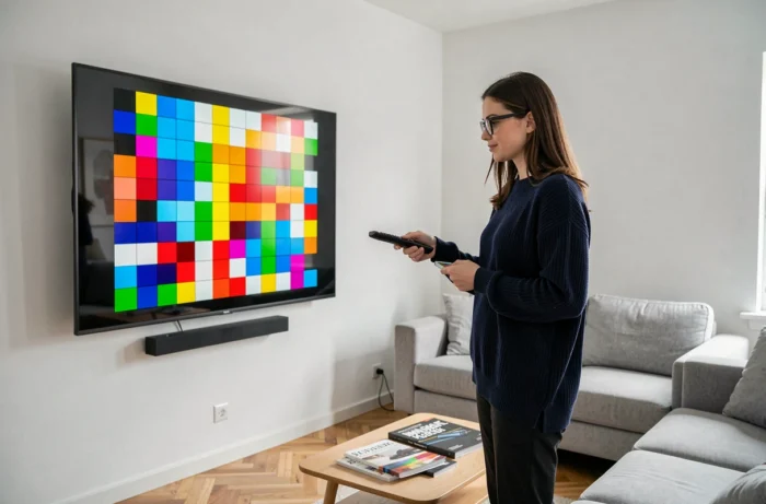 Femme testant la qualité d'image d'un téléviseur OLED 4K dans un salon moderne avec mire de calibration colorimétrique