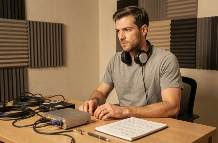 Testeur audio masculin dans un studio maison équipé de matériel hi-fi et de panneaux acoustiques pour des tests de qualité sonore