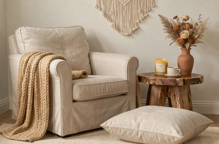 Coin détente avec fauteuil en lin, plaid en chanvre et accessoires en matières naturelles non teintes