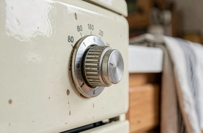 Gros plan sur le thermostat d'un four vintage réglé sur le niveau 6 correspondant à 180 degrés