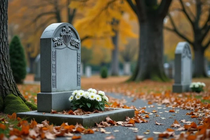 Tombe en granit avec chrysanthèmes blancs dans un cimetière français en automne, illustrant les frais d'inhumation