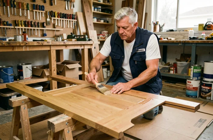 Homme appliquant un traitement protecteur sur une porte en bois avant sa pose dans un atelier