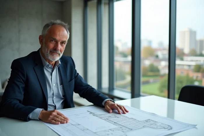 Urbaniste consultant les plans d'un projet de rénovation urbaine financé par l'ANRU dans un bureau moderne