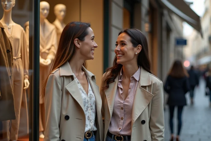 Deux femmes devant une vitrine de magasin de vêtements repérant des tenues inspirées de la série Demain nous appartient