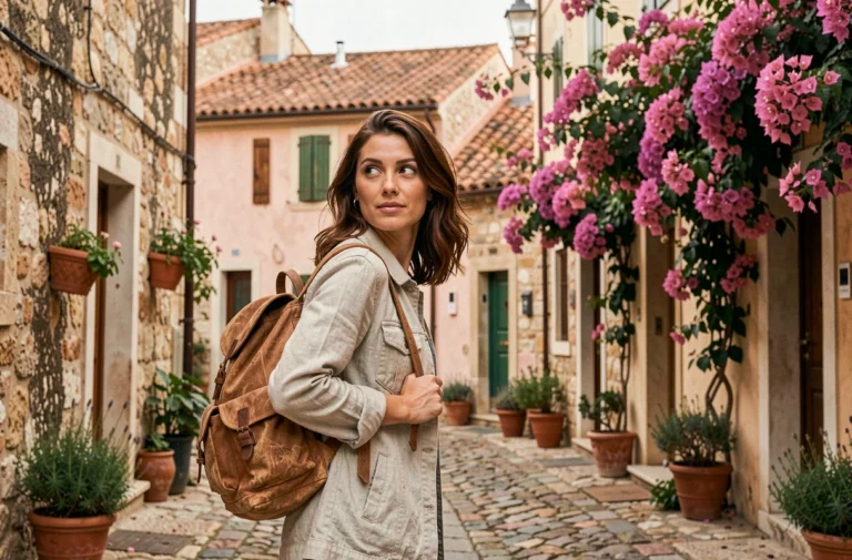 Voyageuse explorant une ruelle pavée d'un village méditerranéen historique aux toits en tuiles et façades fleuries